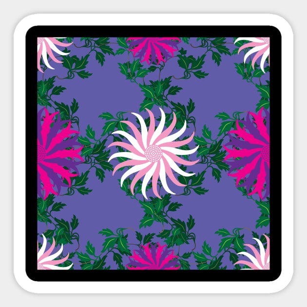 White, Pink, Cerise and Purple Flowers on a Vine Leaves and Mauve background Sticker by sleepingdogprod